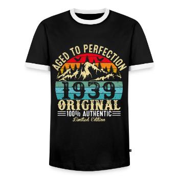 Aged to perfection 1939 original - Men's Ringer Shirt - black/white - Front - AI Model Female 172 light (172cm) & AI Model Male 178 light (178cm)