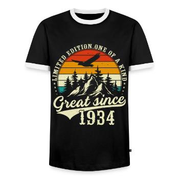One of a kind since 1934 - Men's Ringer Shirt - black/white - Front - AI Model Female 172 light (172cm) & AI Model Male 178 light (178cm)