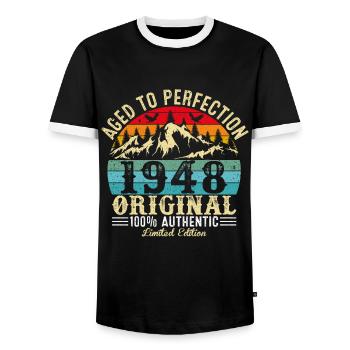 Aged to perfection 1948 original - Men's Ringer Shirt - black/white - Front - AI Model Female 172 light (172cm) & AI Model Male 178 light (178cm)