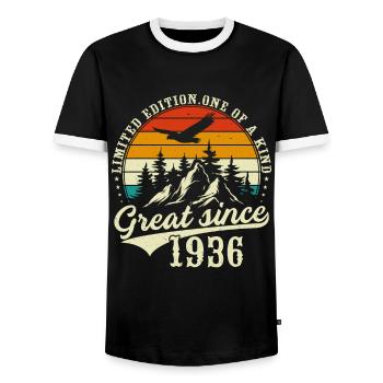 Unique of its kind since 1936 - Men's Ringer Shirt - black/white - Front - AI Model Female 172 light (172cm) & AI Model Male 178 light (178cm)