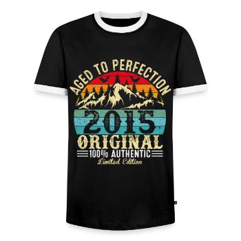 Aged to perfection 2015 Original - Men's Ringer Shirt - black/white - Front - AI Model Female 172 light (172cm) & AI Model Male 178 light (178cm)