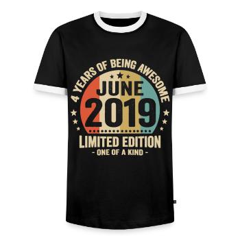 June 2019 4 years anniversary vintage gift idea - Men's Ringer Shirt - black/white - Front - AI Model Female 172 light (172cm) & AI Model Male 178 light (178cm)