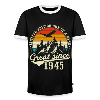 Einzigartig seit 1945 - Männer Kontrast-T-Shirt - Schwarz/Weiß - Vorne - AI Model Female 172 light (172cm) & AI Model Male 178 light (178cm)