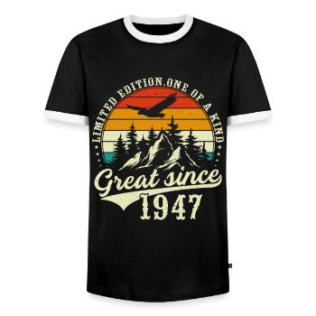 One of a kind since 1947 - Men's Ringer Shirt - black/white - Front - AI Model Female 172 light (172cm) & AI Model Male 178 light (178cm)