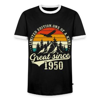 One of a kind since 1950 - Men's Ringer Shirt - black/white - Front - AI Model Female 172 light (172cm) & AI Model Male 178 light (178cm)