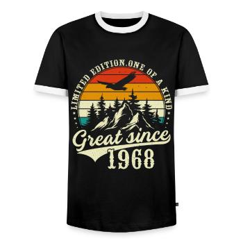 One of a kind since 1968 - Men's Ringer Shirt - black/white - Front - AI Model Female 172 light (172cm) & AI Model Male 178 light (178cm)