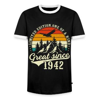 One of a kind since 1942 - Men's Ringer Shirt - black/white - Front - AI Model Female 172 light (172cm) & AI Model Male 178 light (178cm)