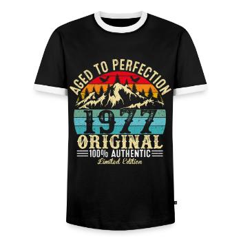 Aged to perfection 1977 Original - Men's Ringer Shirt - black/white - Front - AI Model Female 172 light (172cm) & AI Model Male 178 light (178cm)