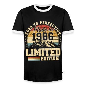Vieilli À La Perfection Fabriqué En 1986 - T-shirt contrasté Homme - noir/blanc - Devant - AI Model Female 172 light (172cm) & AI Model Male 178 light (178cm)