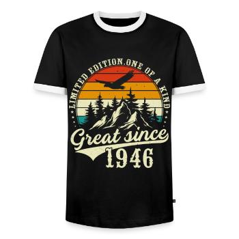 Einzigartig in seiner Art seit 1946 - Männer Kontrast-T-Shirt - Schwarz/Weiß - Vorne - AI Model Female 172 light (172cm) & AI Model Male 178 light (178cm)