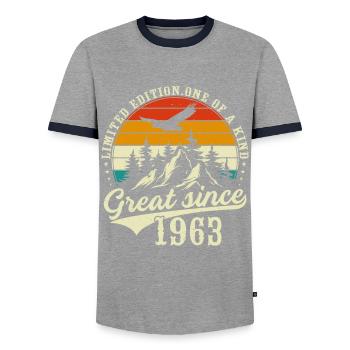 Einzigartig seit 1963 - Männer Kontrast-T-Shirt - Grau/Navy  - Vorne - AI Model Female 172 light (172cm) & AI Model Male 178 light (178cm)