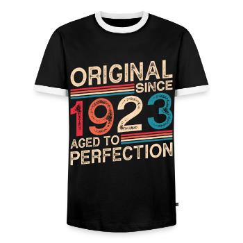 Original seit 1923 Perfekt gealtert - Männer Kontrast-T-Shirt - Schwarz/Weiß - Vorne - AI Model Female 172 light (172cm) & AI Model Male 178 light (178cm)