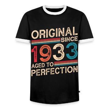 Original since 1933 Aged to perfection - Men's Ringer Shirt - black/white - Front - AI Model Female 172 light (172cm) & AI Model Male 178 light (178cm)
