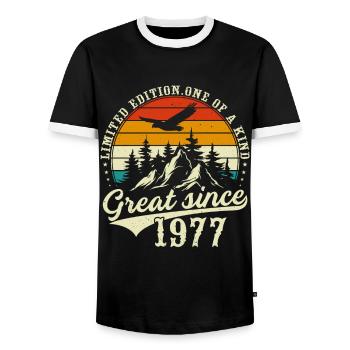 Einzigartig seit 1977 - Männer Kontrast-T-Shirt - Schwarz/Weiß - Vorne - AI Model Female 172 light (172cm) & AI Model Male 178 light (178cm)