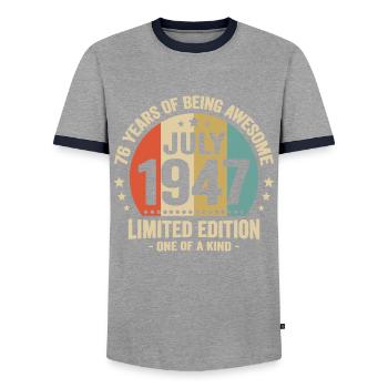 Juli 1947 76 Jahre Jubiläumsgeschenk - Männer Kontrast-T-Shirt - Grau/Navy  - Vorne - AI Model Female 172 light (172cm) & AI Model Male 178 light (178cm)