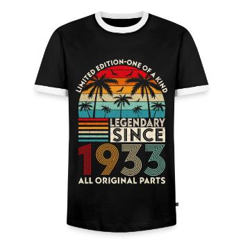 Legendary since 1933 all original parts - Men's Ringer Shirt - black/white - Front - AI Model Female 172 light (172cm) & AI Model Male 178 light (178cm)