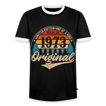 Made in 1973 Original - Men's Ringer Shirt - black/white - Front - AI Model Female 172 light (172cm) & AI Model Male 178 light (178cm)