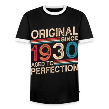 Original since 1930 Aged to perfection - Men's Ringer Shirt - black/white - Front - AI Model Female 172 light (172cm) & AI Model Male 178 light (178cm)