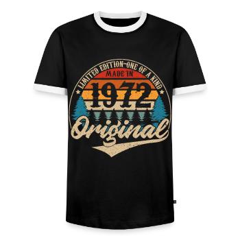 Hergestellt 1972 Original - Männer Kontrast-T-Shirt - Schwarz/Weiß - Vorne - AI Model Female 172 light (172cm) & AI Model Male 178 light (178cm)