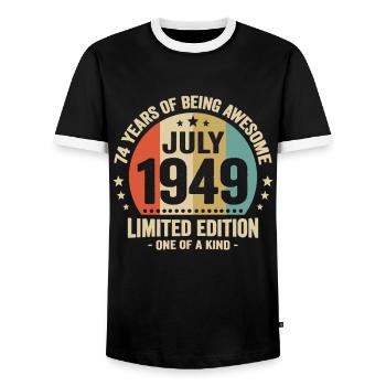 July 1949 74 Years Anniversary Vintage Gift - Men's Ringer Shirt - black/white - Front - AI Model Female 172 light (172cm) & AI Model Male 178 light (178cm)