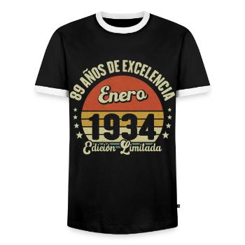 January 1934 Vintage gift of 89 years - Men's Ringer Shirt - black/white - Front - AI Model Female 172 light (172cm) & AI Model Male 178 light (178cm)
