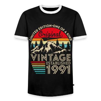 Original vintage established in 1991 anniversary - Men's Ringer Shirt - black/white - Front - AI Model Female 172 light (172cm) & AI Model Male 178 light (178cm)