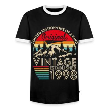 Original vintage established in 1998 anniversary - Men's Ringer Shirt - black/white - Front - AI Model Female 172 light (172cm) & AI Model Male 178 light (178cm)