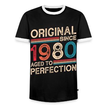 Original seit 1980 perfekt gereift - Männer Kontrast-T-Shirt - Schwarz/Weiß - Vorne - AI Model Female 172 light (172cm) & AI Model Male 178 light (178cm)