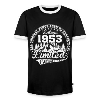 Born 1953 All original pieces Retro gift - Men's Ringer Shirt - black/white - Front - AI Model Female 172 light (172cm) & AI Model Male 178 light (178cm)