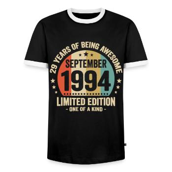 September 1994 29 Years Anniversary Vintage Gift - Men's Ringer Shirt - black/white - Front - AI Model Female 172 light (172cm) & AI Model Male 178 light (178cm)
