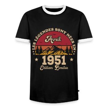 1951 Avril 1951 anniversaire Avril 1951 Avril - T-shirt contrasté Homme - noir/blanc - Devant - AI Model Female 172 light (172cm) & AI Model Male 178 light (178cm)