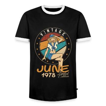 Millésime 1978 - Né en Juin 1978 - T-shirt contrasté Homme - noir/blanc - Devant - AI Model Female 172 light (172cm) & AI Model Male 178 light (178cm)