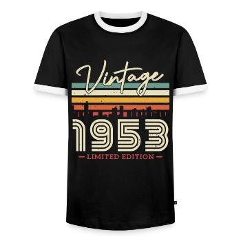 Vintage and retro birthday gift 1953 - Men's Ringer Shirt - black/white - Front - AI Model Female 172 light (172cm) & AI Model Male 178 light (178cm)