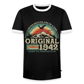 Original seit 1942 Limited Edition - Männer Kontrast-T-Shirt - Schwarz/Weiß - Vorne - AI Model Female 172 light (172cm) & AI Model Male 178 light (178cm)