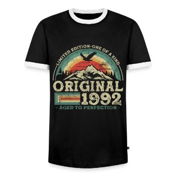 Original since 1992 Limited Edition - Men's Ringer Shirt - black/white - Front - AI Model Female 172 light (172cm) & AI Model Male 178 light (178cm)