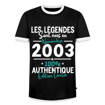 Cadeau Anniv. Nov. 2003 - 20 Ans - T-shirt contrasté Homme - noir/blanc - Devant - AI Model Female 172 light (172cm) & AI Model Male 178 light (178cm)