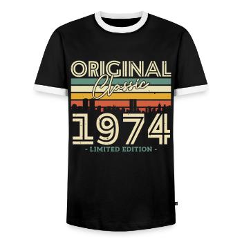 Originaler Klassiker 1974 - 50 Jahre - Männer Kontrast-T-Shirt - Schwarz/Weiß - Vorne - AI Model Female 172 light (172cm) & AI Model Male 178 light (178cm)
