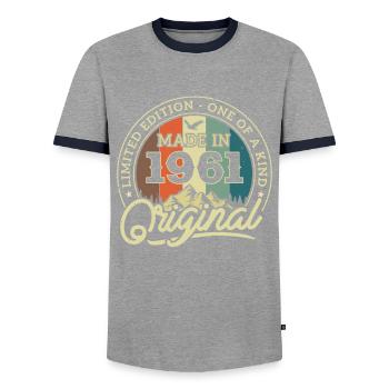 Millésime Anniversaire 1961 - 62/63 ans - T-shirt contrasté Homme - gris/marine  - Devant - AI Model Female 172 light (172cm) & AI Model Male 178 light (178cm)