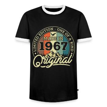 Vintage 1967 Gift 56/57 - Men's Ringer Shirt - black/white - Front - AI Model Female 172 light (172cm) & AI Model Male 178 light (178cm)