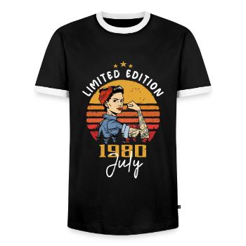 July 1980 - Birthday in July 1980 Gift - Men's Ringer Shirt - black/white - Front - AI Model Female 172 light (172cm) & AI Model Male 178 light (178cm)