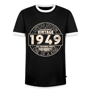 Millésime 1949 Cadeau 74/75 ans - T-shirt contrasté Homme - noir/blanc - Devant - AI Model Female 172 light (172cm) & AI Model Male 178 light (178cm)