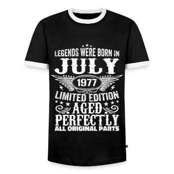 Juli 1977 | Geburtstag 1977 Jahrgang Juli 1977 - Männer Kontrast-T-Shirt - Schwarz/Weiß - Vorne - AI Model Female 172 light (172cm) & AI Model Male 178 light (178cm)