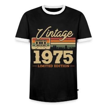 1975 - 48/49th birthday - Men's Ringer Shirt - black/white - Front - AI Model Female 172 light (172cm) & AI Model Male 178 light (178cm)