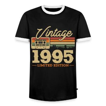 1995 - 28/29 years birthday - Men's Ringer Shirt - black/white - Front - AI Model Female 172 light (172cm) & AI Model Male 178 light (178cm)