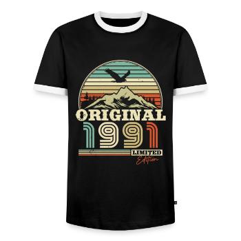 Retro '91 Birthday Delight - Men's Ringer Shirt - black/white - Front - AI Model Female 172 light (172cm) & AI Model Male 178 light (178cm)