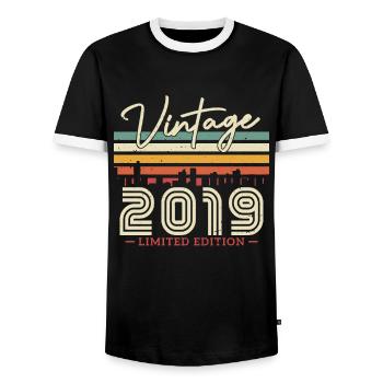 Vintage Gift 2019 4/5 J. - Men's Ringer Shirt - black/white - Front - AI Model Female 172 light (172cm) & AI Model Male 178 light (178cm)