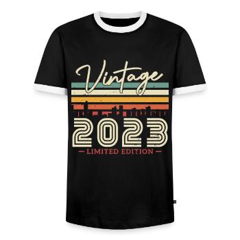 Vintage Birthday Gift 2023 - Men's Ringer Shirt - black/white - Front - AI Model Female 172 light (172cm) & AI Model Male 178 light (178cm)