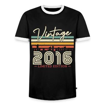 Vintage Birthday Gift 2016 - Men's Ringer Shirt - black/white - Front - AI Model Female 172 light (172cm) & AI Model Male 178 light (178cm)