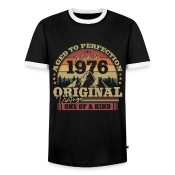 Vintage Gift 1976 47/48 Years - Men's Ringer Shirt - black/white - Front - AI Model Female 172 light (172cm) & AI Model Male 178 light (178cm)
