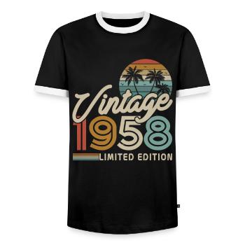 Vintage Birthday Gift 1958 65/66 Years - Men's Ringer Shirt - black/white - Front - AI Model Female 172 light (172cm) & AI Model Male 178 light (178cm)